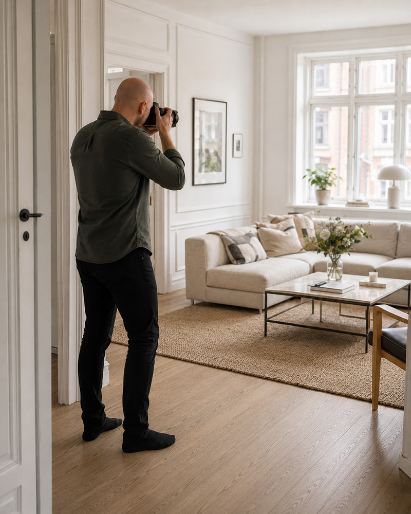 Boligfotograf Andreas tager billeder af lejlighed i København